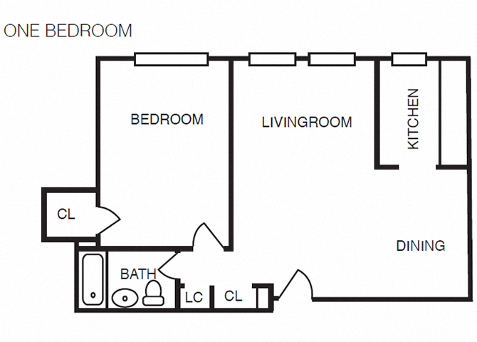 Floor plan for 1 bed, 1 bath, 575 sqft